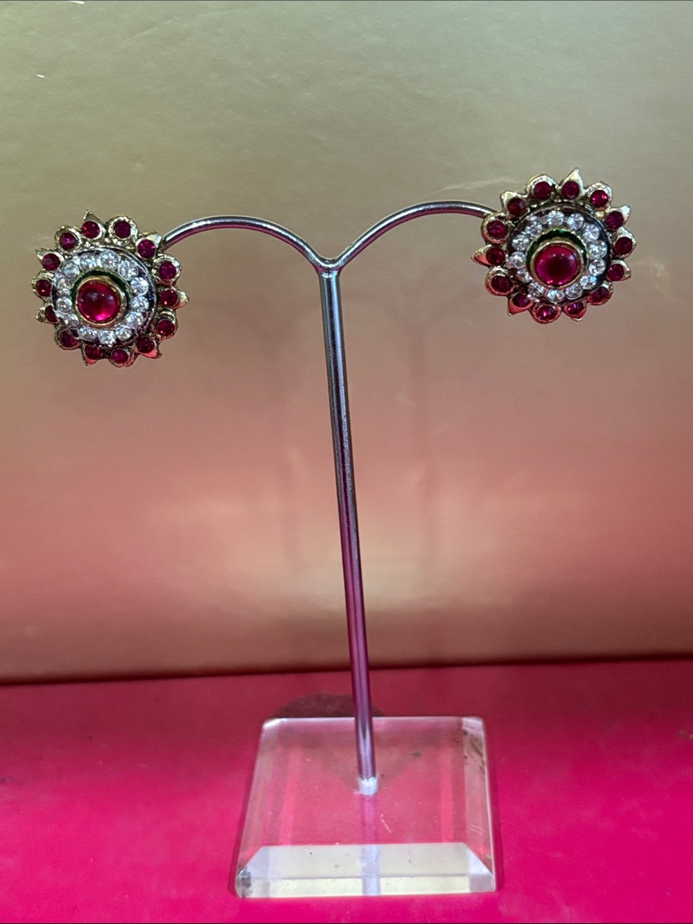 Classic Red and Gold Flower Stud Earrings - Women Jewelry